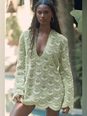 New Anthropologie CELANDINE Crochet Long-sleeve Mini Kaftan Size M